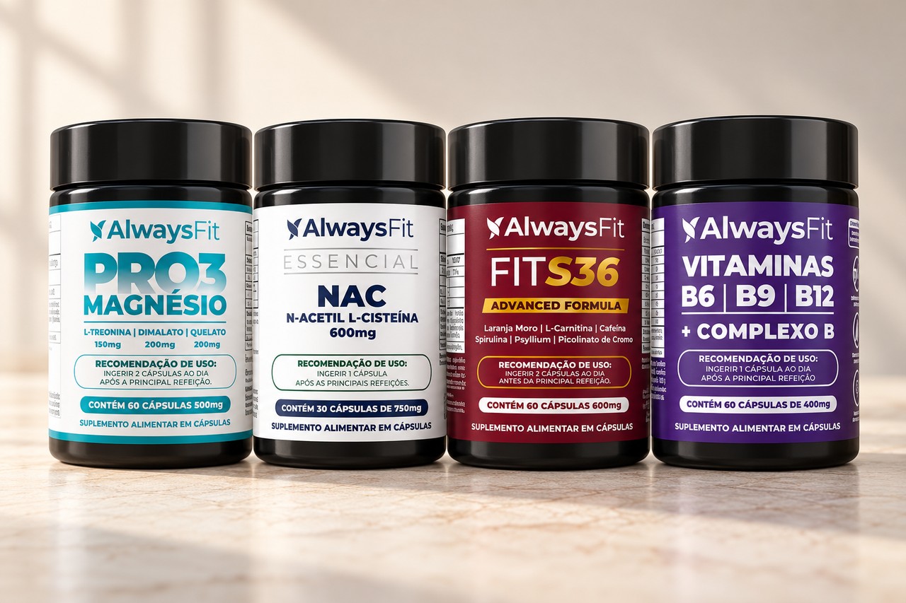 Quatro frascos AlwaysFit: Pro3 Magnésio, NAC, FITS36 e Vitaminas B6, B9 e B12 com Complexo B.