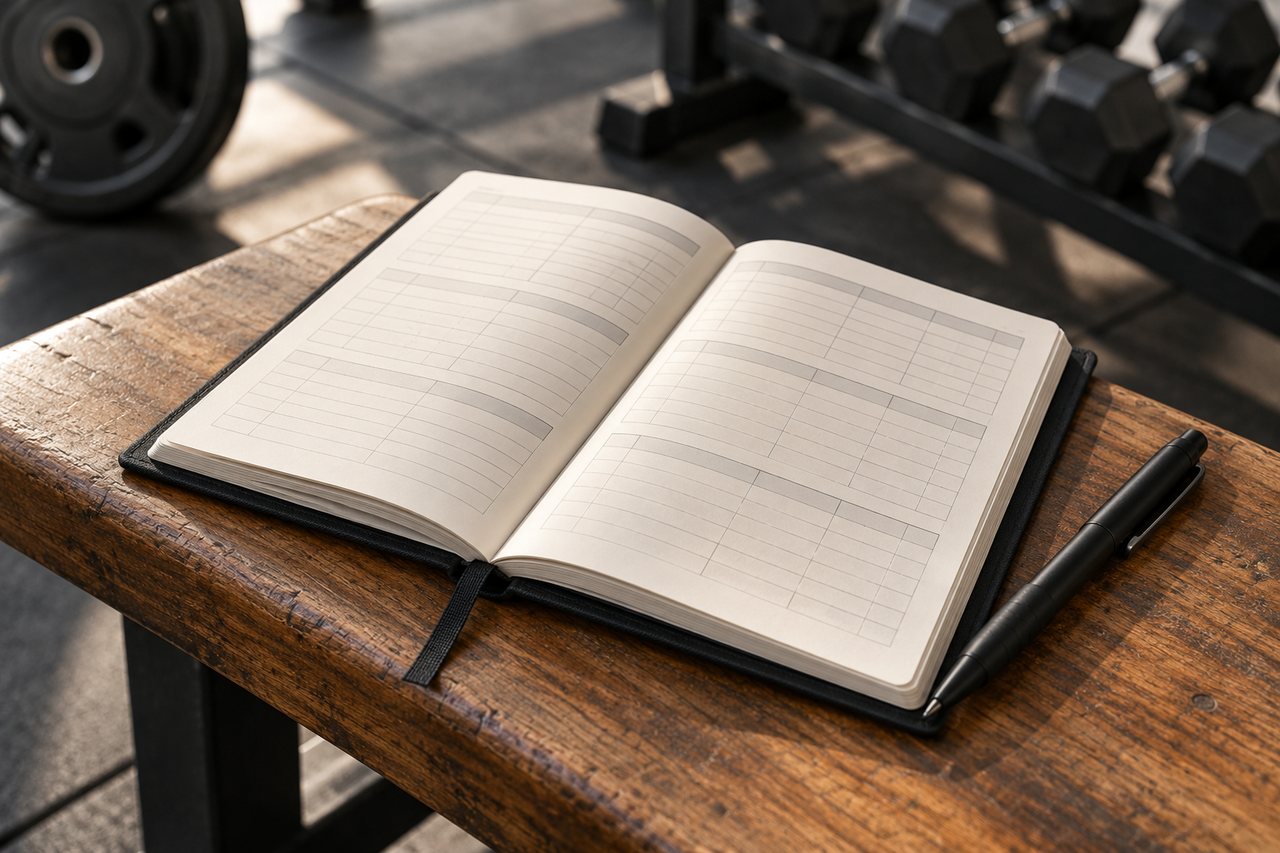 Caderno de treino aberto com grades sem preenchimento e marcador de fita, acompanhado de uma caneta sobre um banco de academia.