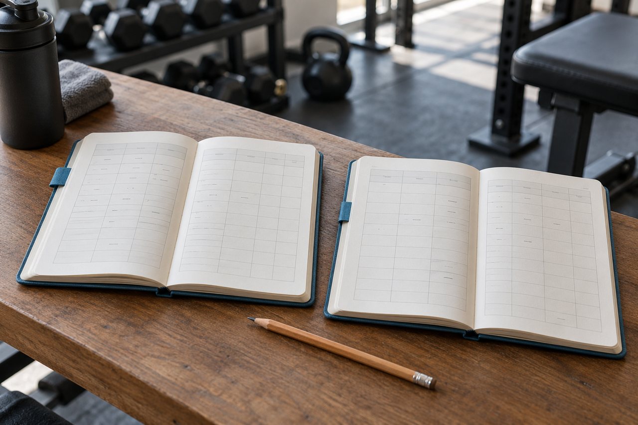 Dois cadernos de treino abertos lado a lado, com campos vazios e pequenos traços ilegíveis, abas azuis e um lápis sobre mesa de academia.