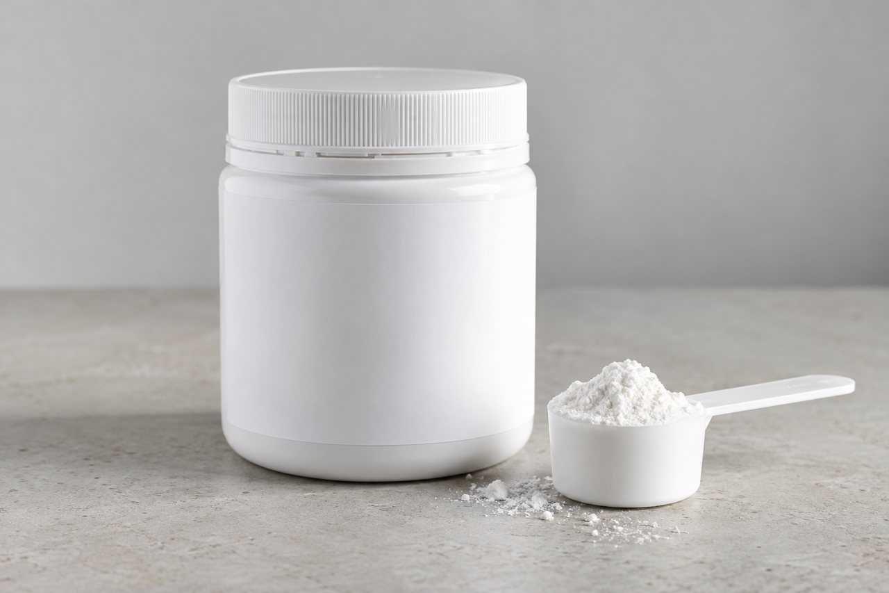 Pote branco opaco fechado com rótulo inteiramente em branco, ao lado de uma pequena medida com pó branco sobre superfície clara.