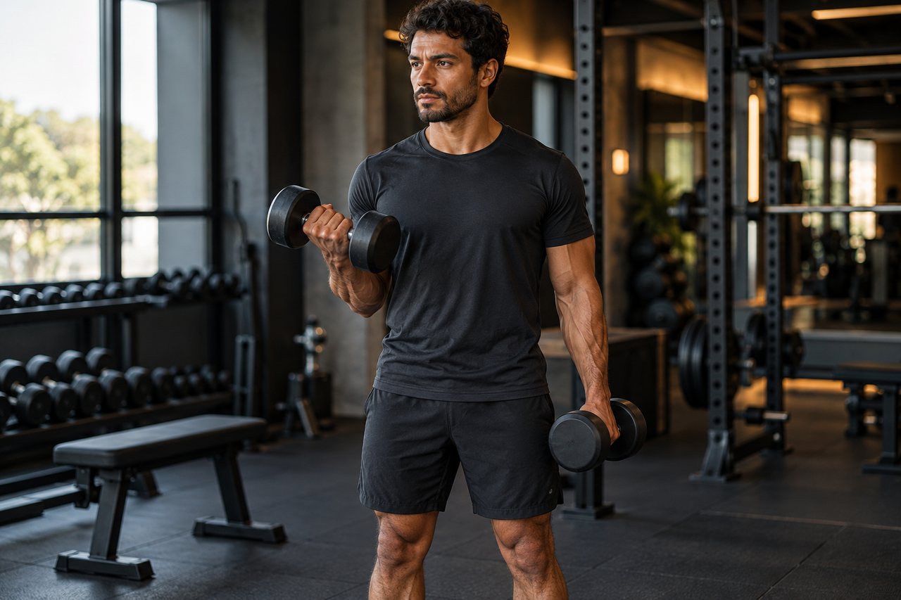 Adulto faz um exercício com halteres em uma academia.