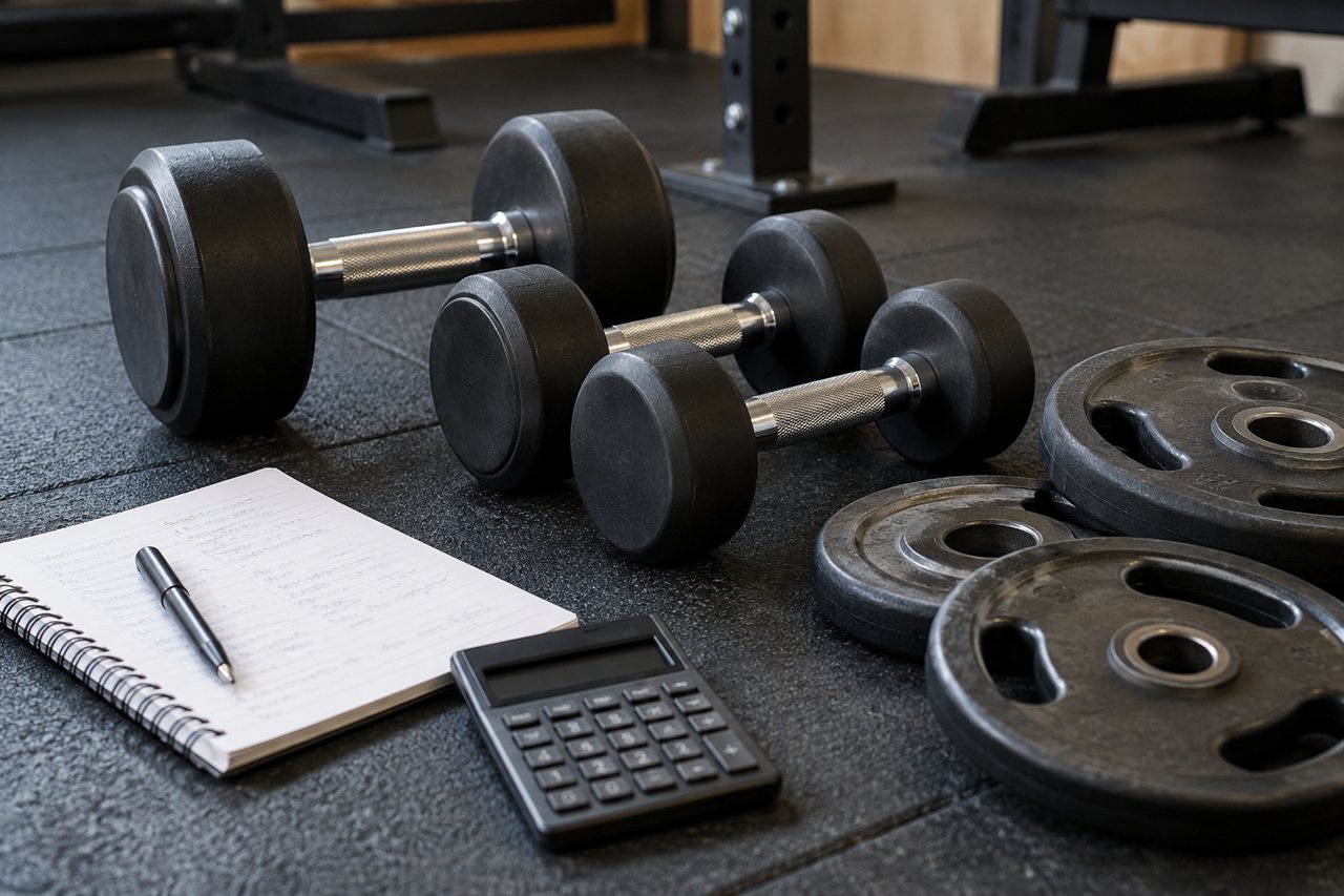 Halteres e anilhas sobre o piso de uma academia, ao lado de uma calculadora de visor apagado e um caderno de treino.